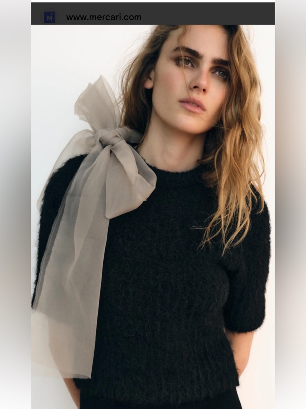 Zara top with Sheer Organza Bow Tie Scarf in Taupe Beige